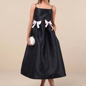 Lulus Classy Aesthetic Black Taffeta Bow Midi Dress With Pockets - Size L